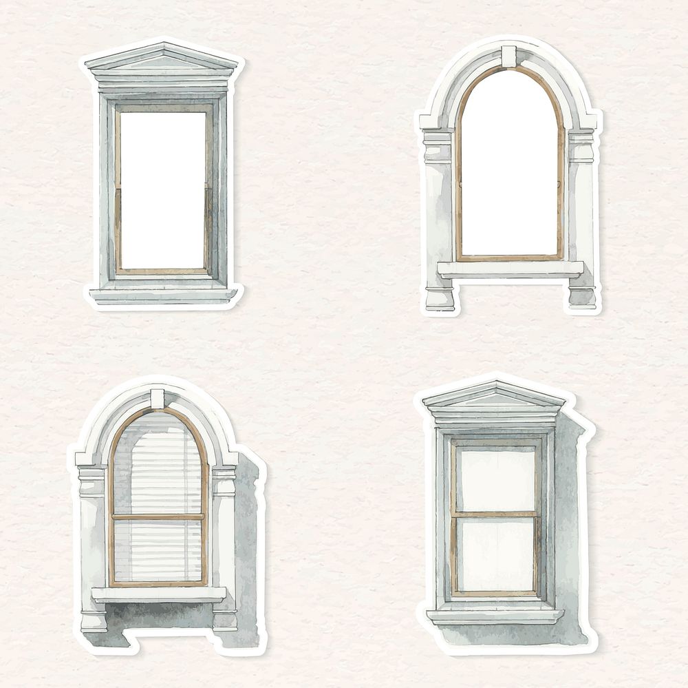 Vector vintage European window architecture watercolor set