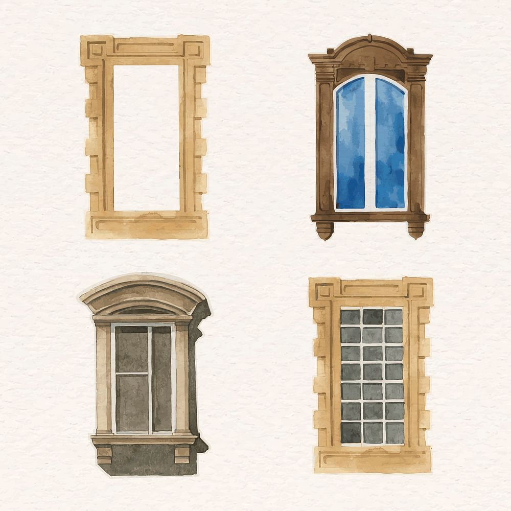 Vintage European window watercolor architecture set