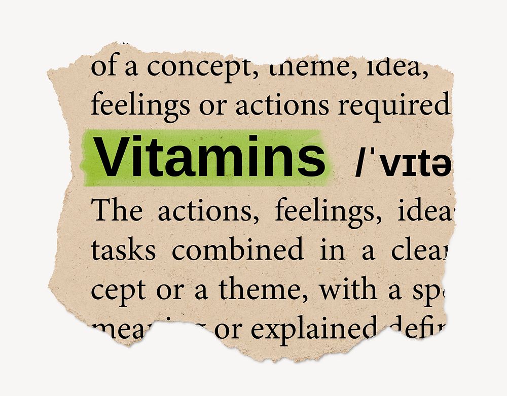 Vitamins dictionary word, vintage ripped paper design