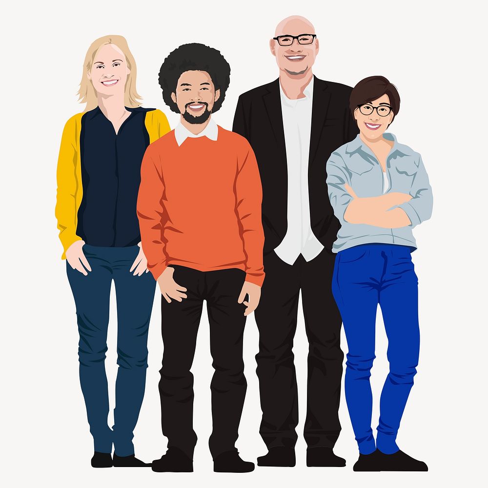 Diverse people, standing characters sticker, illustration isolated in white