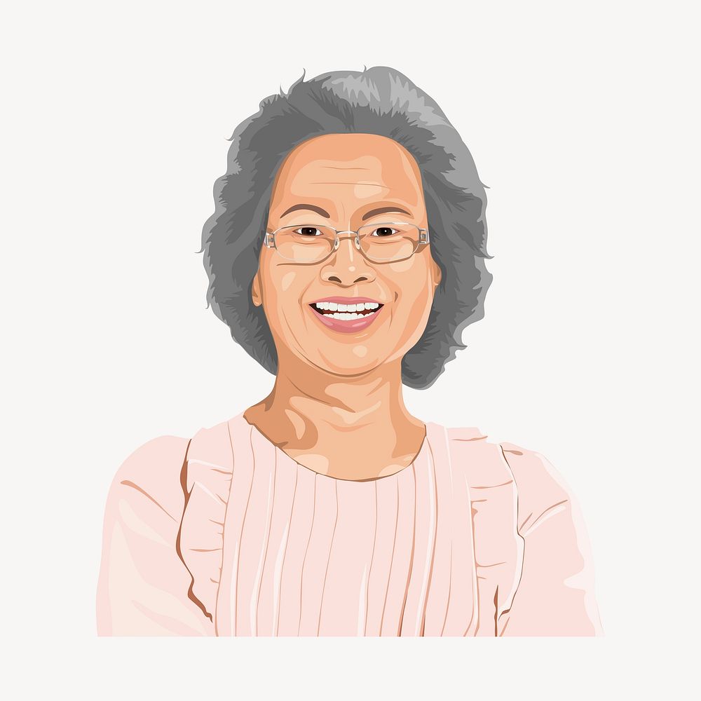 Senior Asian woman illustration, isolated in white