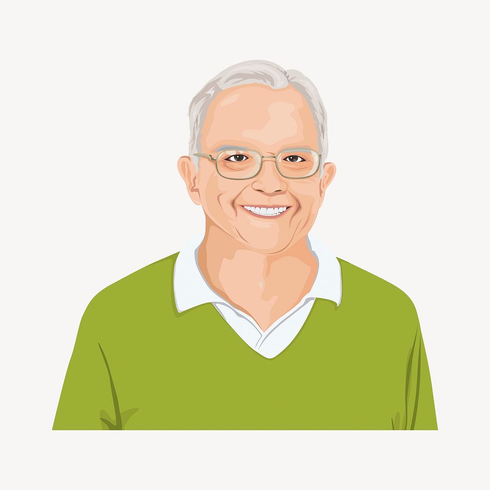 Senior man, smiling character illustration, isolated in white