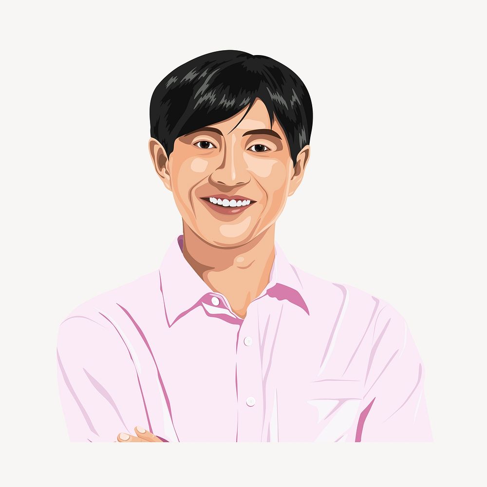 Smiling Asian man, character illustration, isolated in white