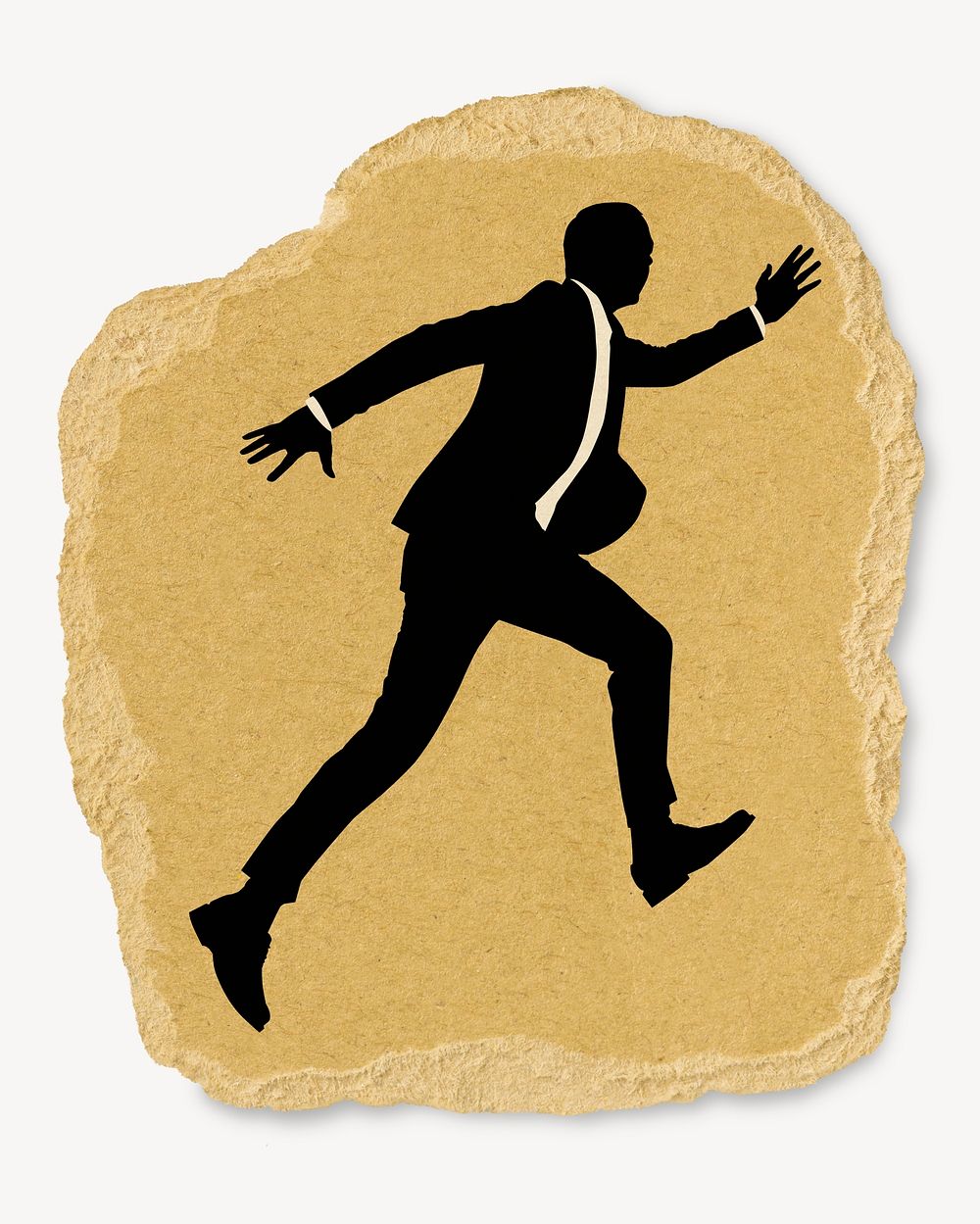 Running businessman silhouette ripped paper, sticker collage element  psd