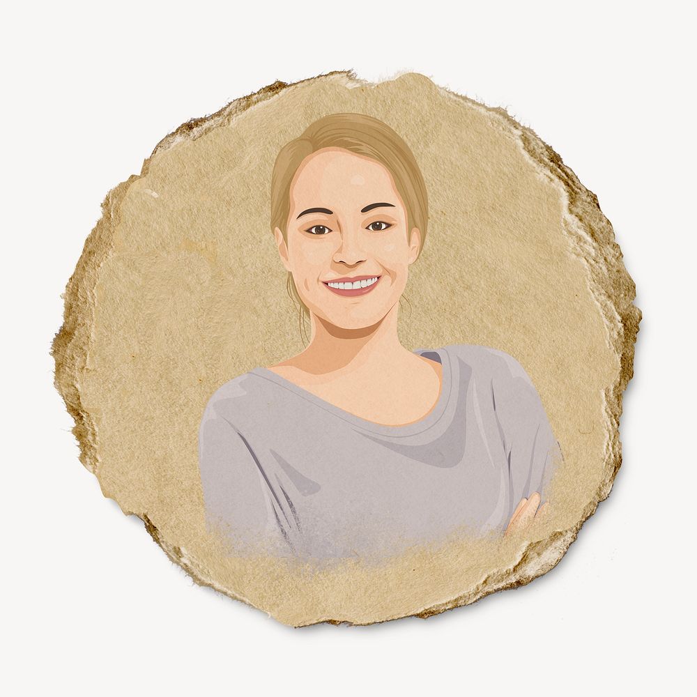 Smiling woman illustration, paper craft badge, isolated in white