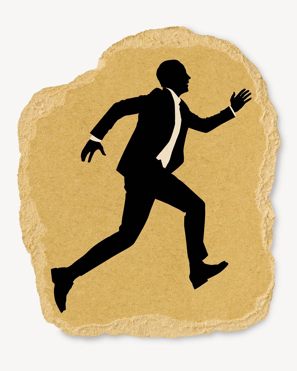 Running businessman silhouette ripped paper, sticker collage element 
