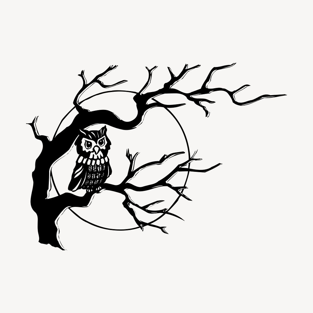 Owl on tree drawing, vintage illustration psd. Free public domain CC0 image.