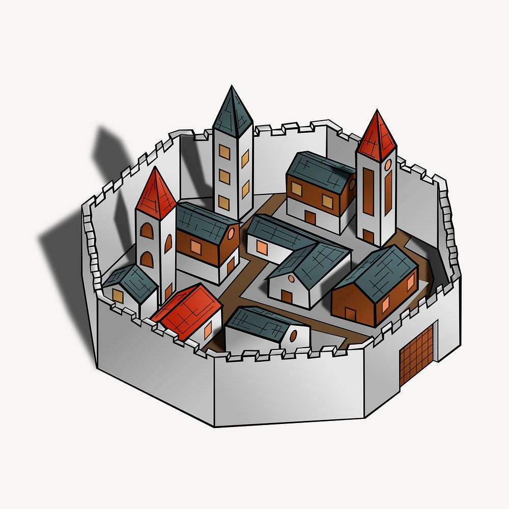 Medieval town clipart, illustration. Free public domain CC0 image.