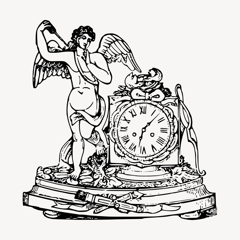 Cupid clock drawing, vintage illustration psd. Free public domain CC0 image.