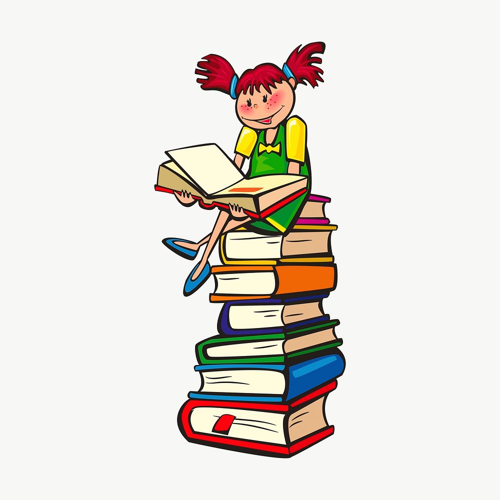 Reading girl clipart, illustration vector. Free public domain CC0 image.