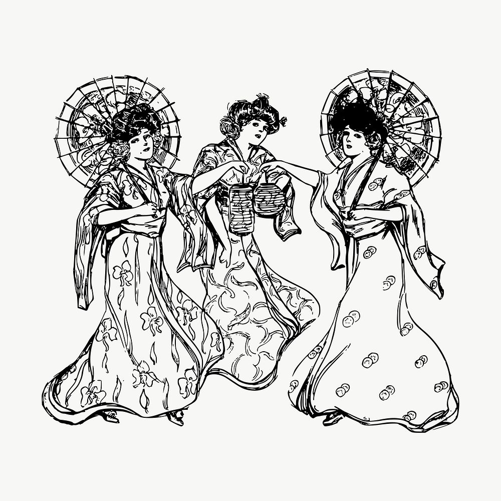 Women's kimono drawing, illustration vector. Free public domain CC0 image.