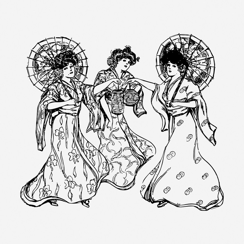 Women's kimono drawing, illustration. Free public domain CC0 image.