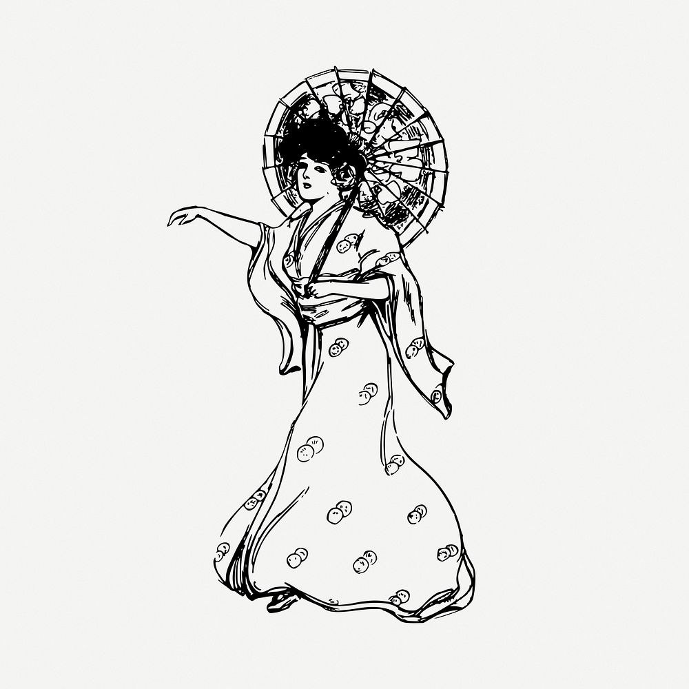 Women's kimono drawing, illustration psd. Free public domain CC0 image.