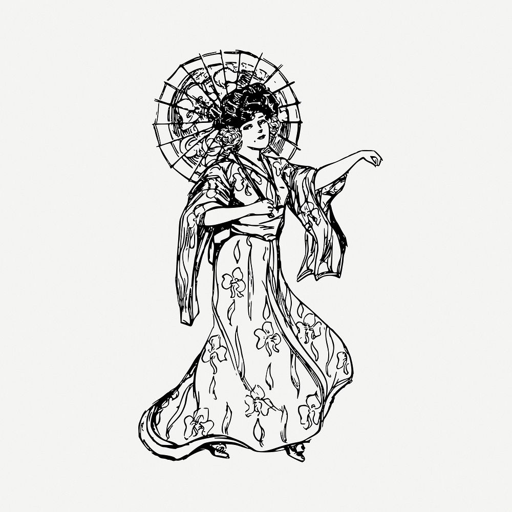 Women's kimono drawing, illustration psd. Free public domain CC0 image.