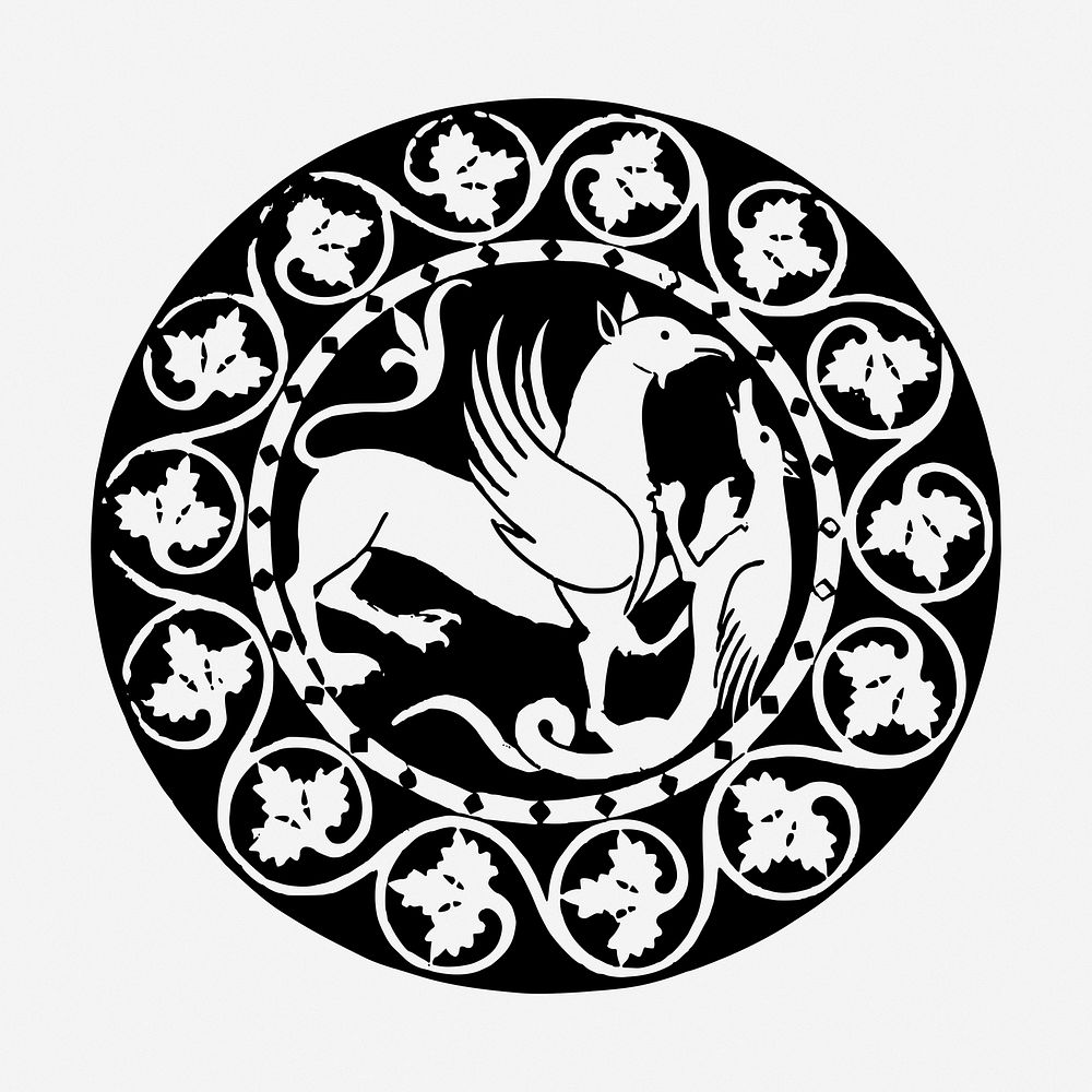 Griffin dragon badge drawing, illustration. Free public domain CC0 image.