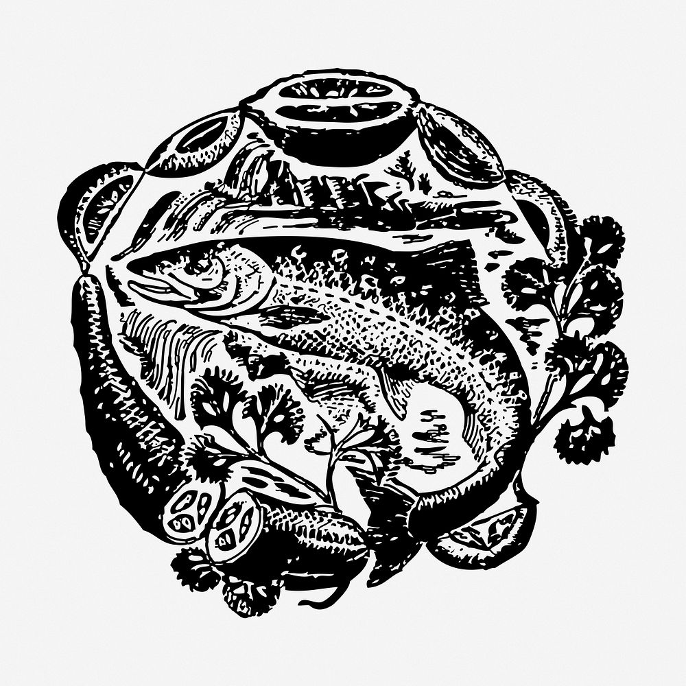 Fish platter drawing, illustration. Free public domain CC0 image.
