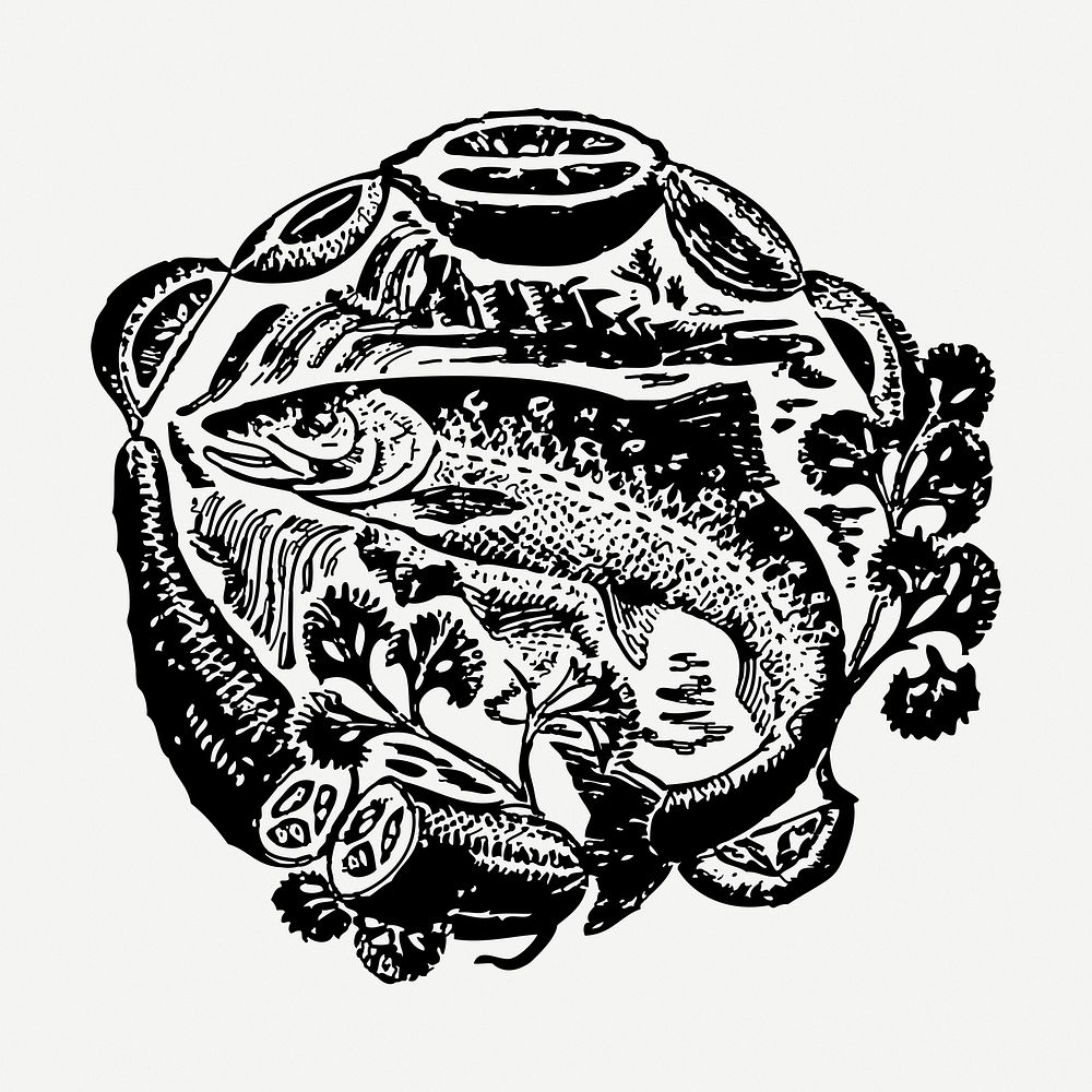 Fish platter drawing, illustration psd. Free public domain CC0 image.