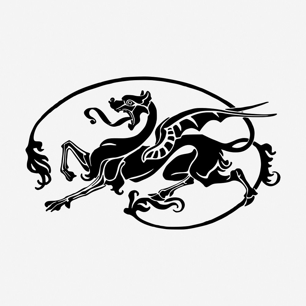 Mythological dragon drawing, illustration. Free public domain CC0 image.