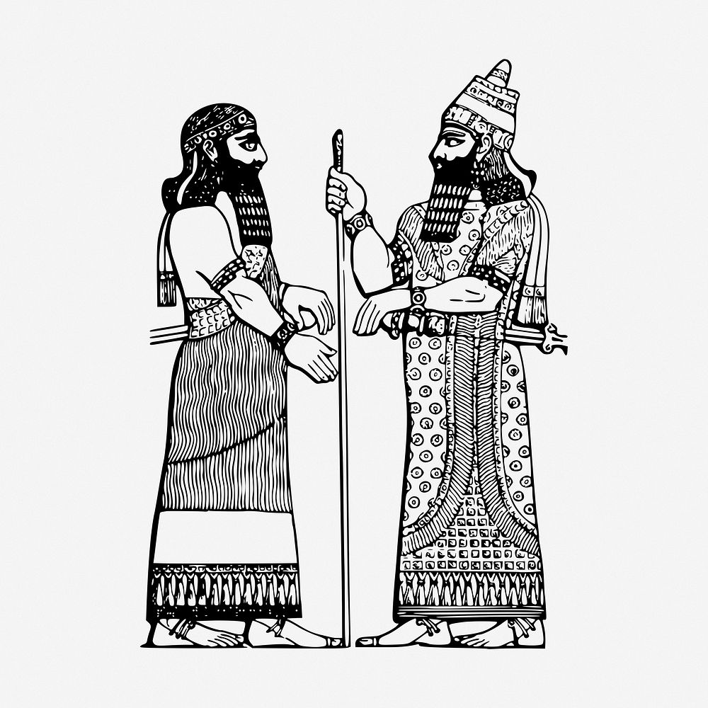Assyrian kings drawing, illustration. Free public domain CC0 image.