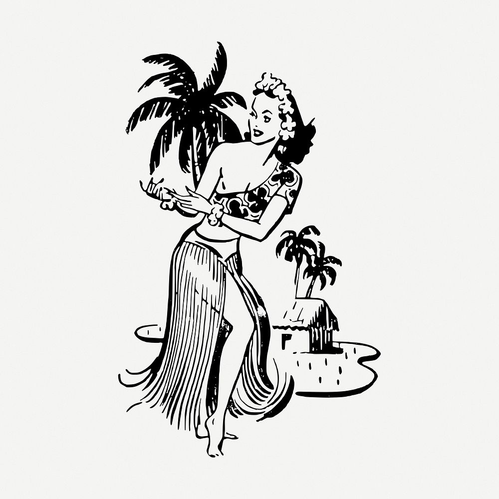 Hawaiian woman drawing, illustration psd. Free public domain CC0 image.