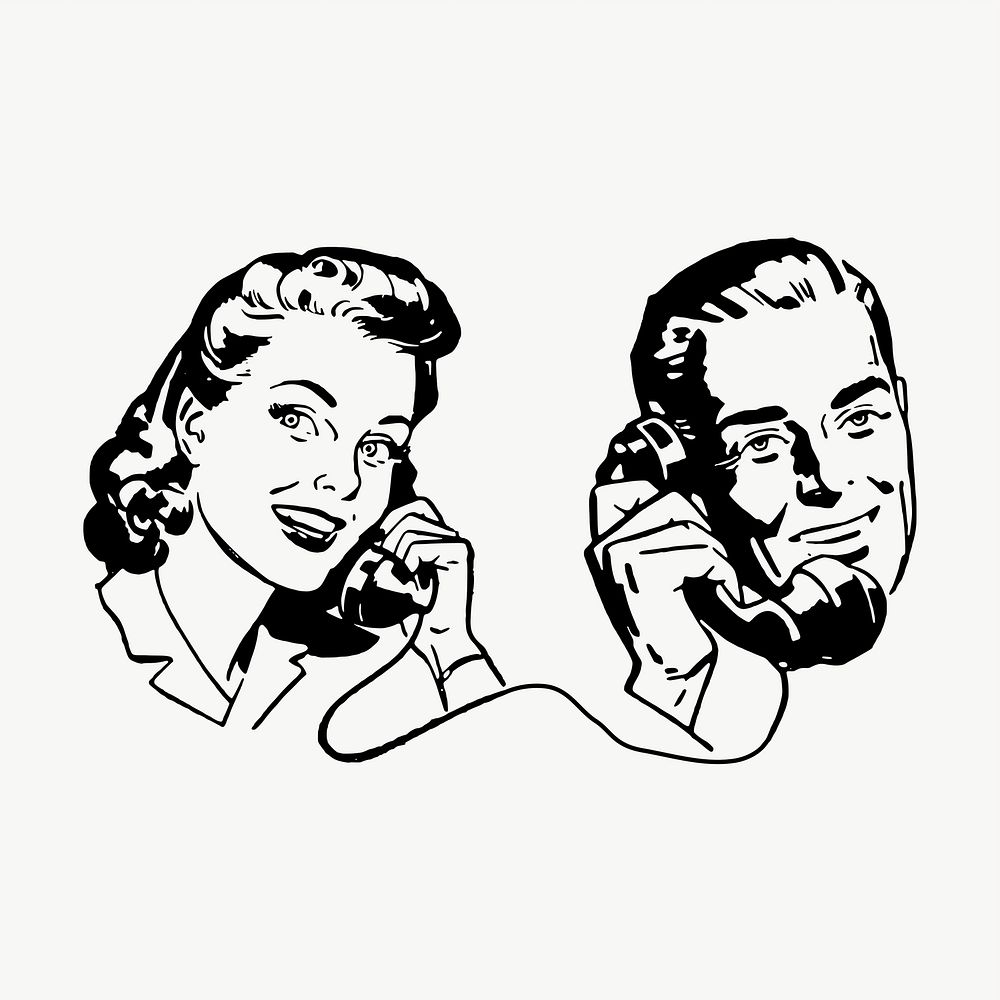 Couple phone call drawing, illustration vector. Free public domain CC0 image.