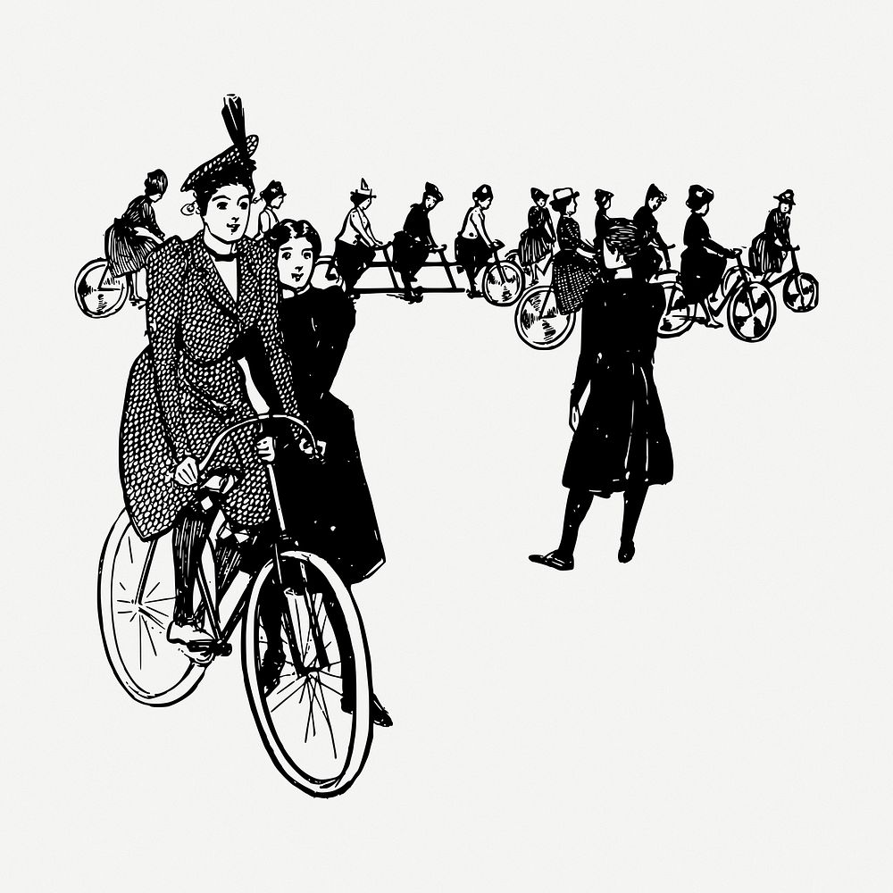 Girls biking school drawing, illustration psd. Free public domain CC0 image.