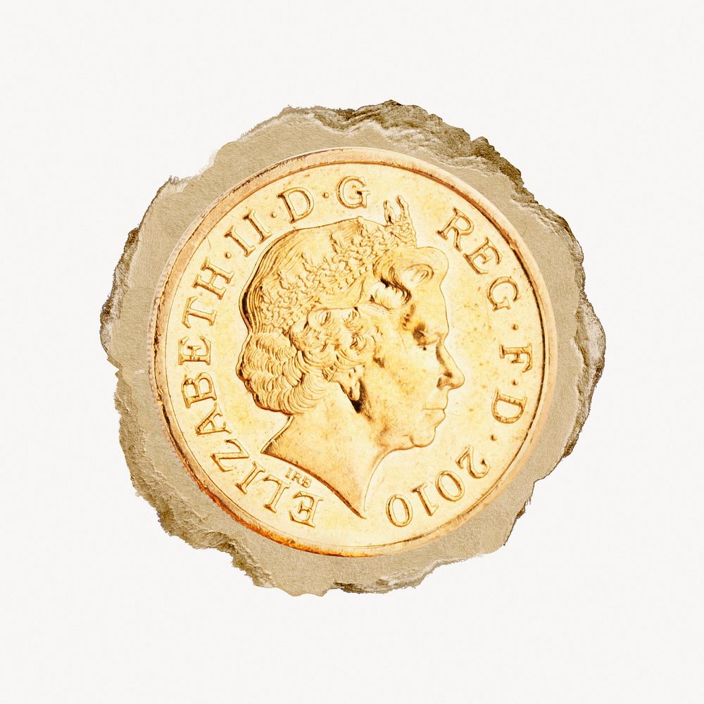 UK one pound coin on ripped paper. Location unknown, 1 JUNE 2022