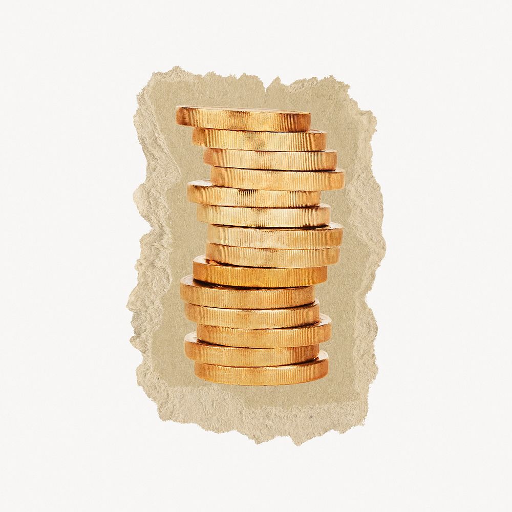 Gold coins, money, ripped paper collage element