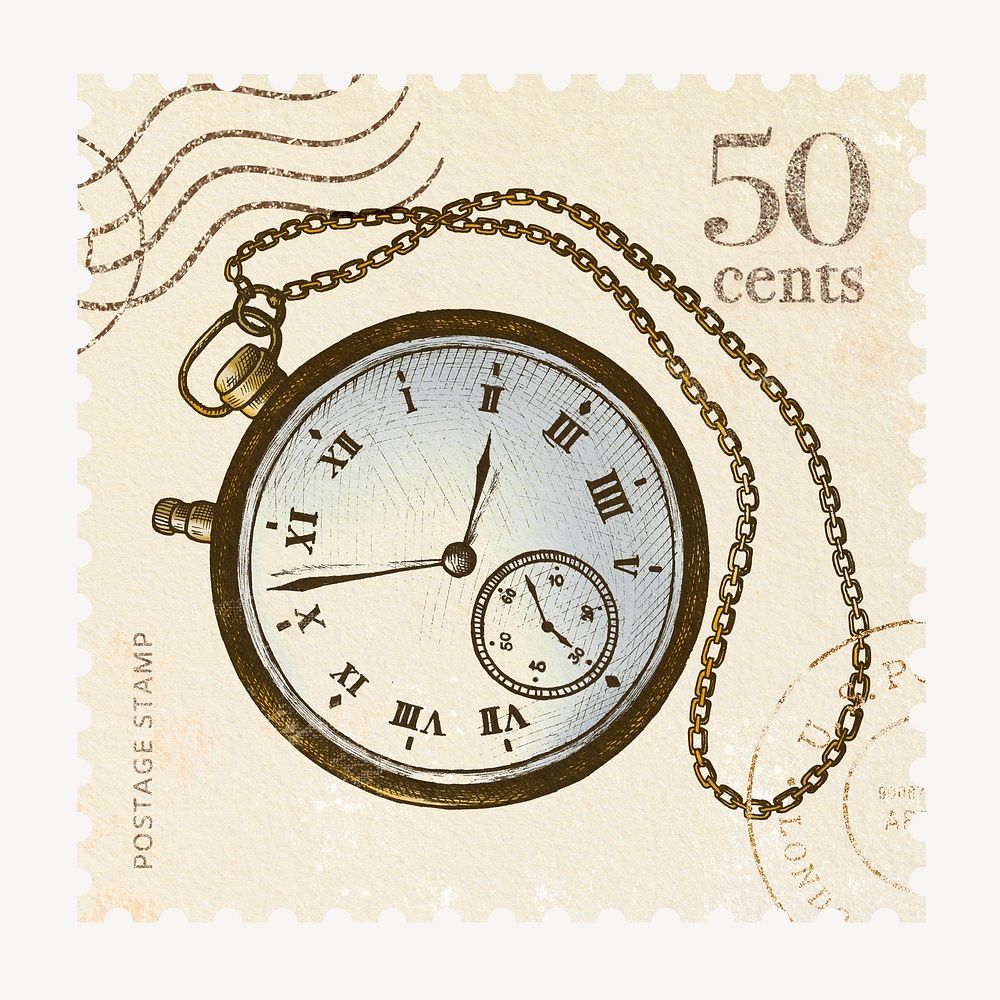 Pocket watch vintage post stamp, dark academia aesthetic