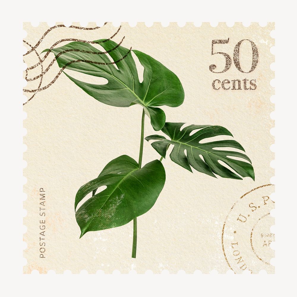 Monstera post stamp, botanical vintage design 