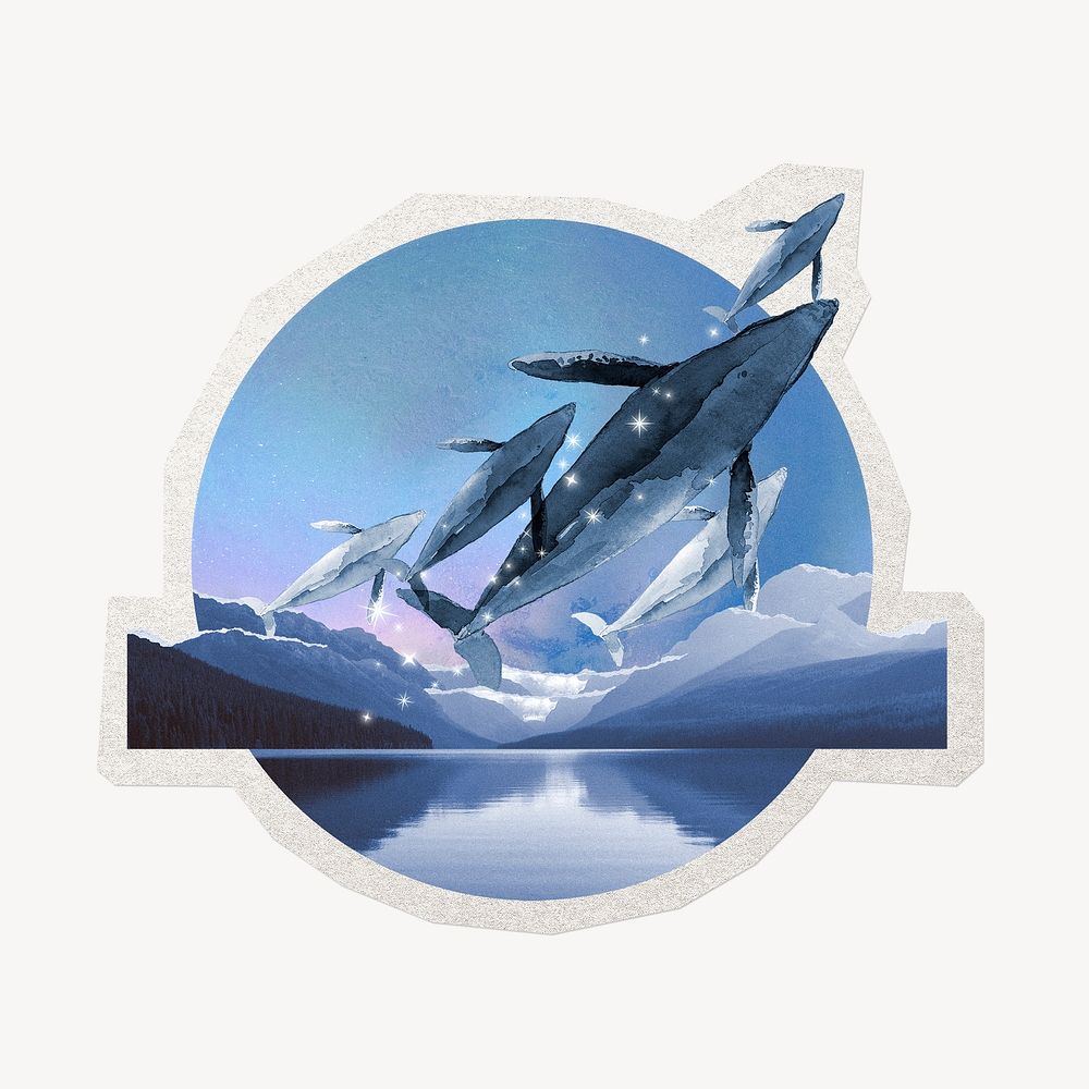 Surreal whale badge, creative clipart sticker, paper craft collage element