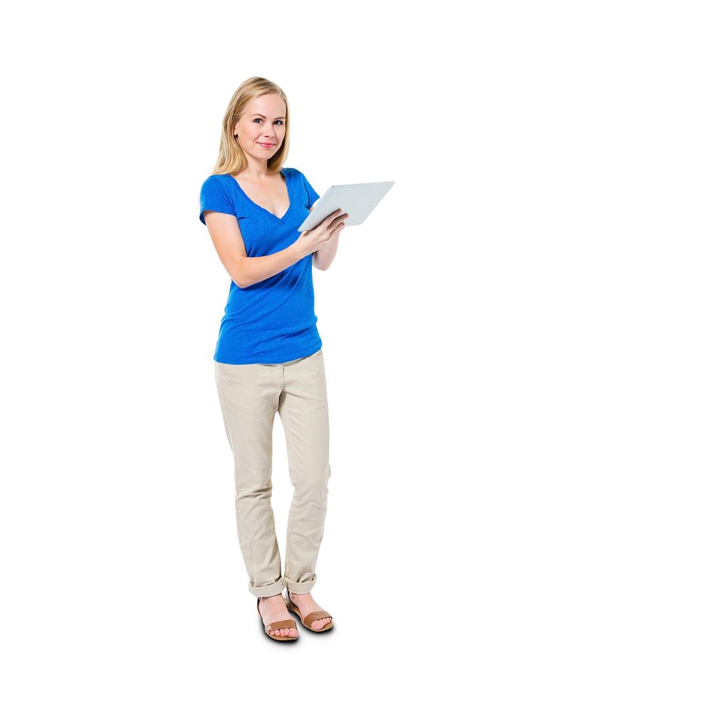Cheerful Casual Woman Holding Digital Tablet