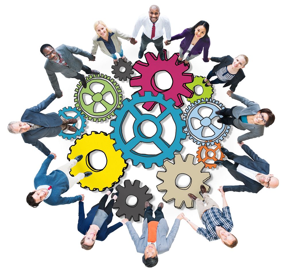 Group of People Holding Hands with Gear Symbol in Photo and Illustration