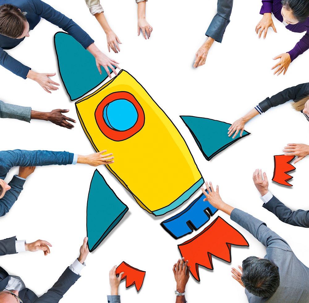 Group of Business People Reaching for Rocket Symbol