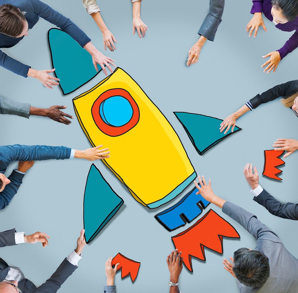 Group of Business People Reaching for Rocket Symbol