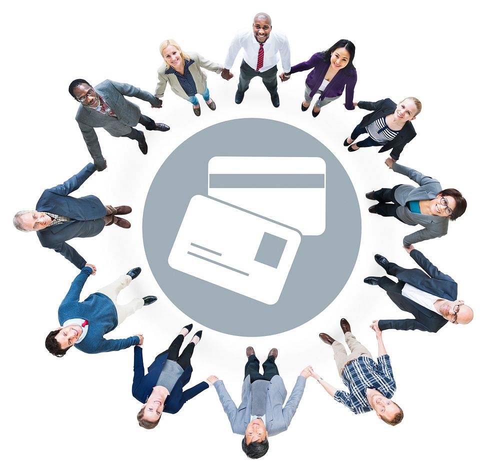 Cheerful Business People Looking Up with Credi Card Symbol