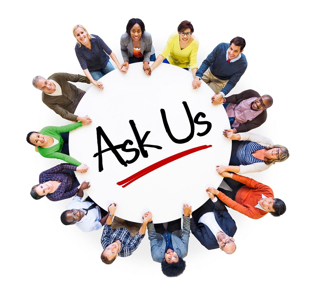 Multiethnic People in Circle with "Ask Us" Concept