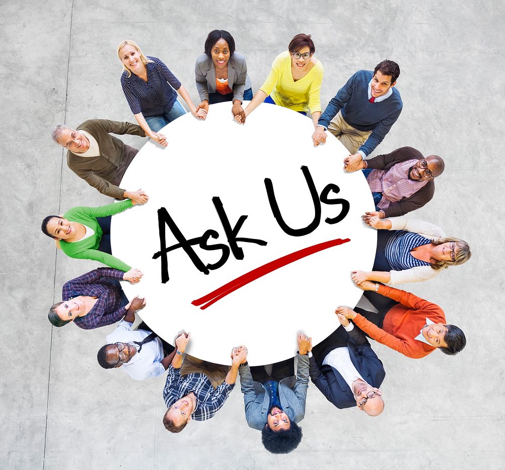 Multiethnic People in Circle with "Ask Us" Concept