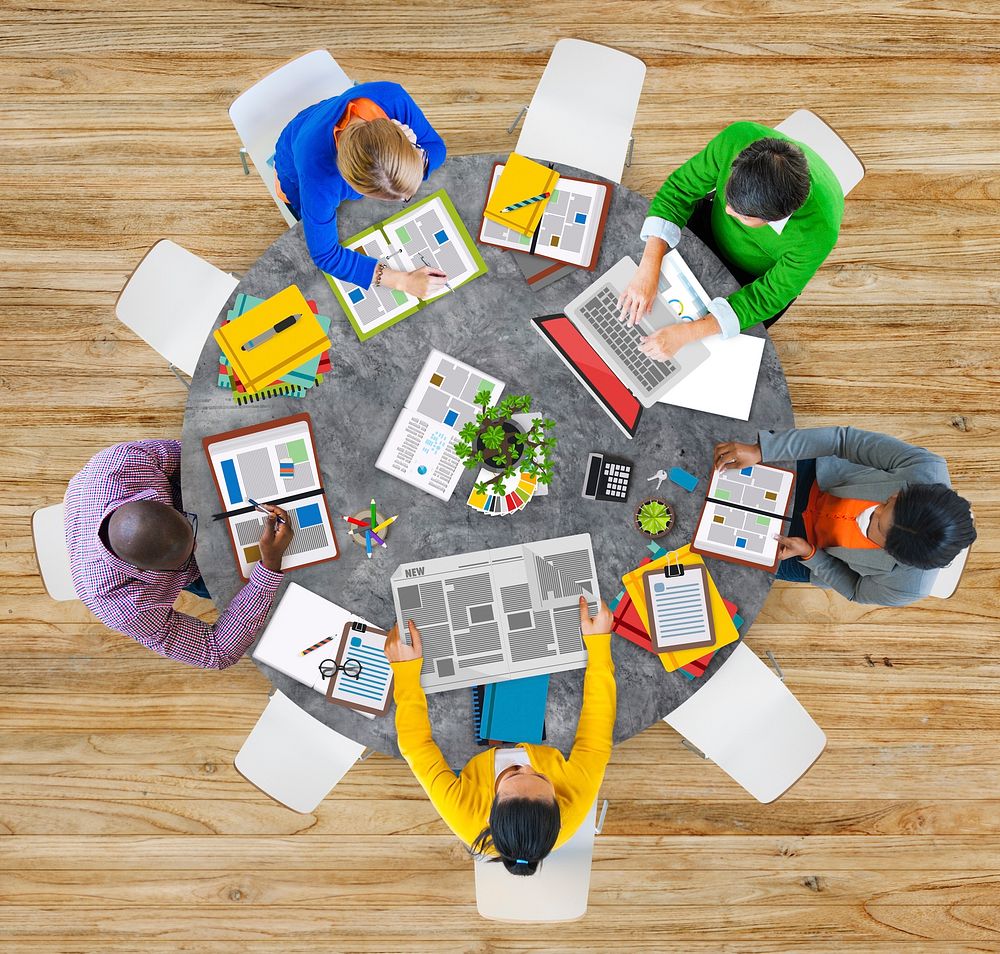 Aerial View People Teamwork Working Studying Contemporary Office