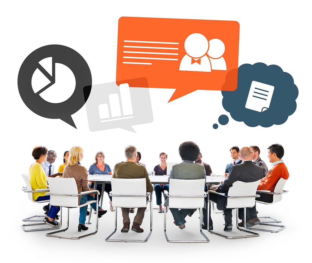 Group of Multiethnic People in a Meeting with Speech Bubbles