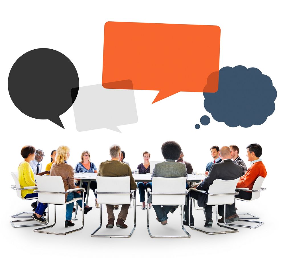 Group of People in Meeting with Speech Bubbles