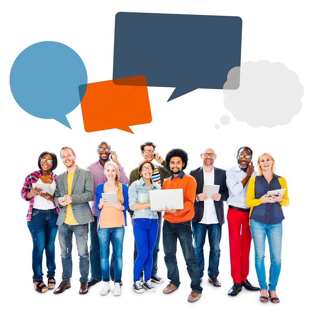 Multiethnic Group of People with Digital Devices and Speech Bubbles