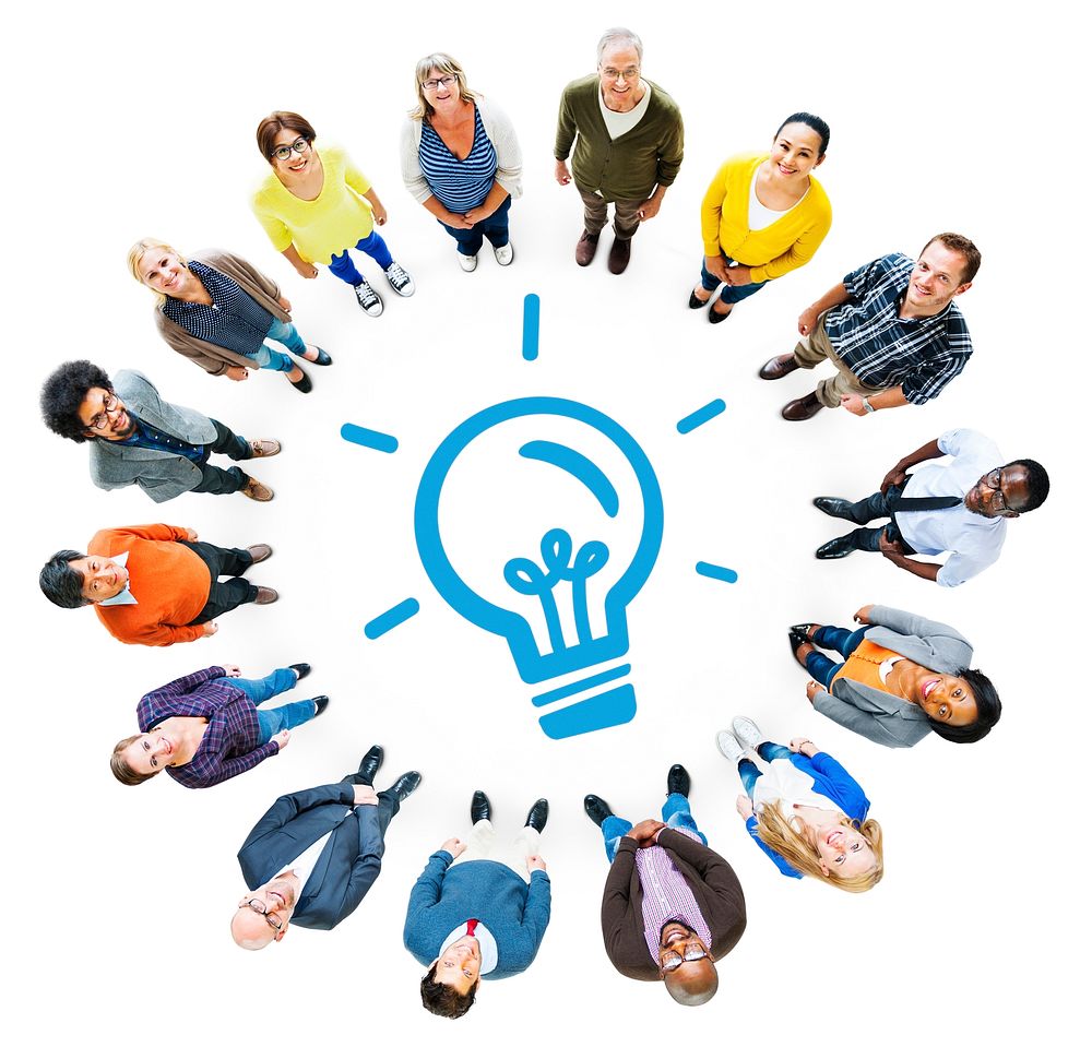 Aerial View of Diverse People and Light Bulb Symbol