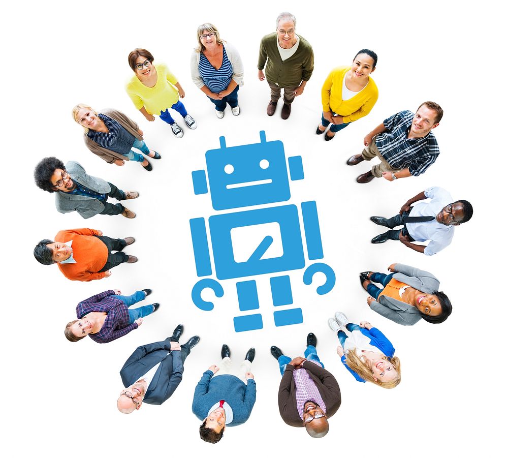 Group of Multiethnic People Looking Up with Robot Symbol