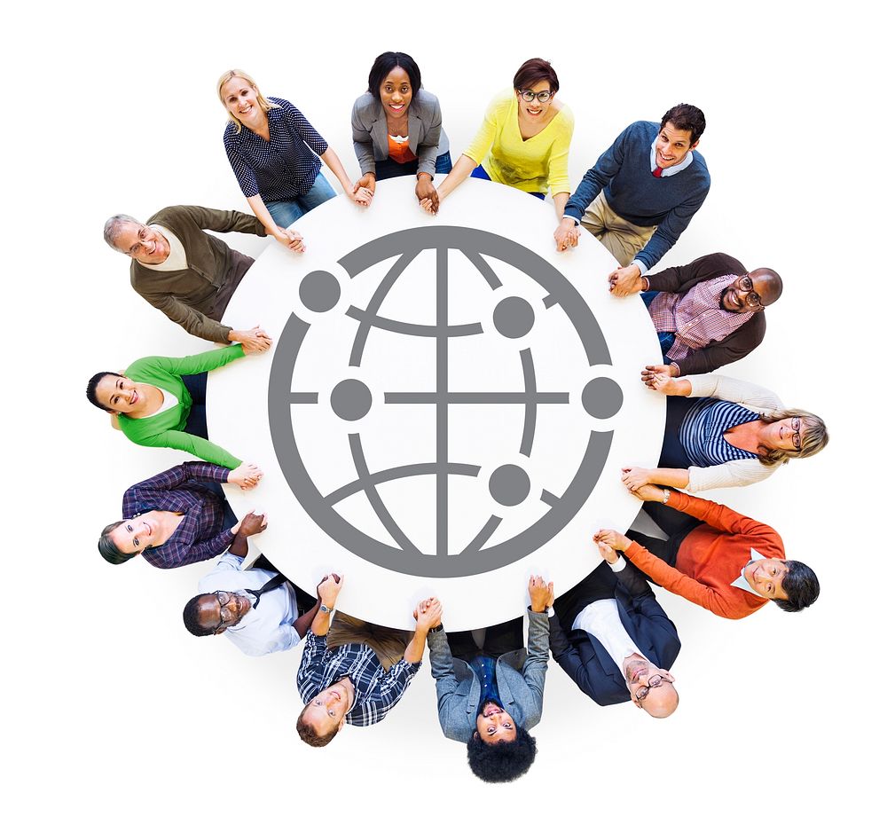 Multiethnic Group of People Holding Hands with Globe Symbol