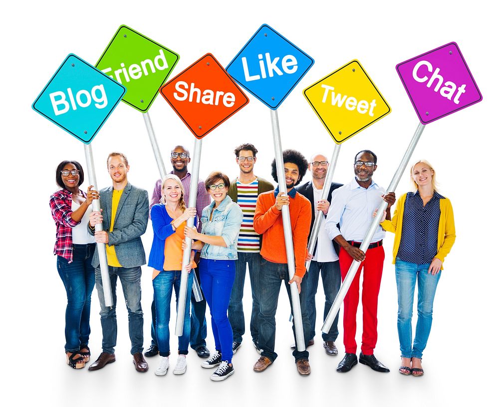 Group of Happy Multi-Ethnic People Holding Sign Poles with Social Networking Related Words