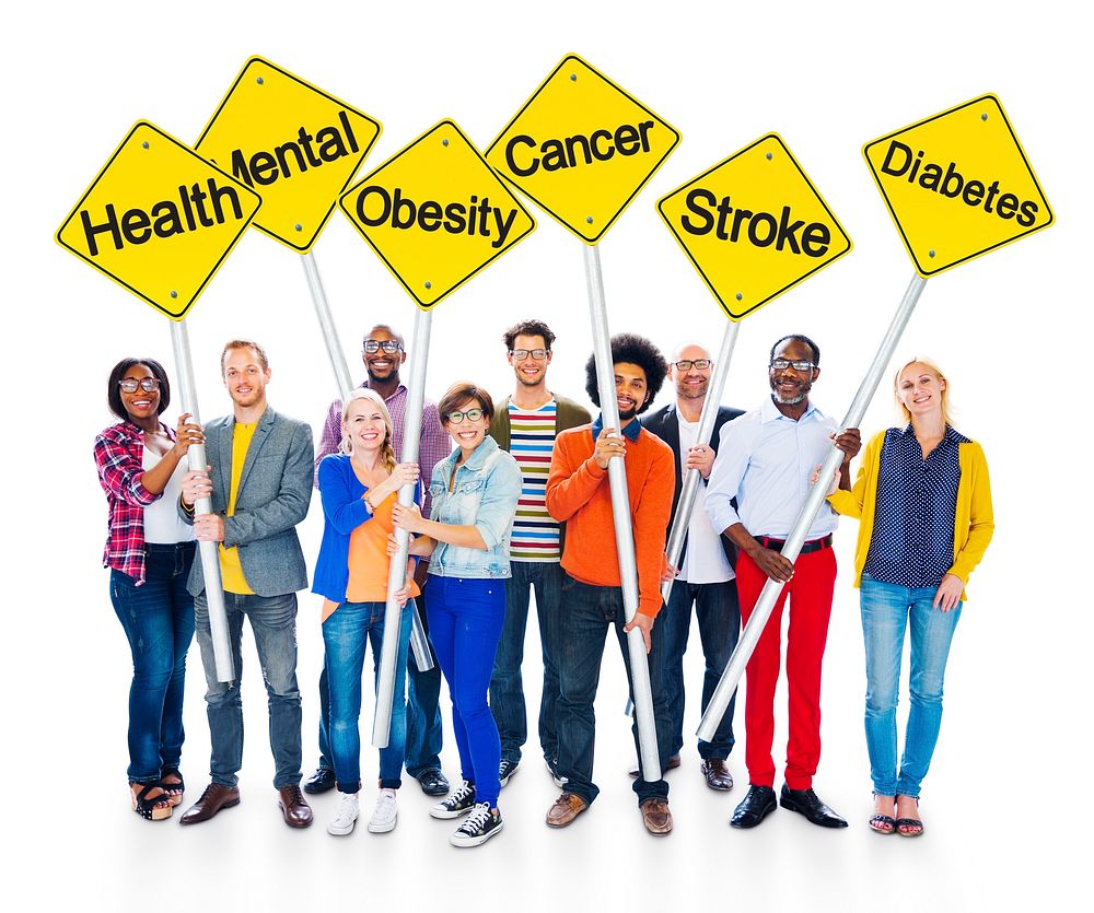 Group of Multi-Ethnic People Holding Sign Poles with Health Related Words