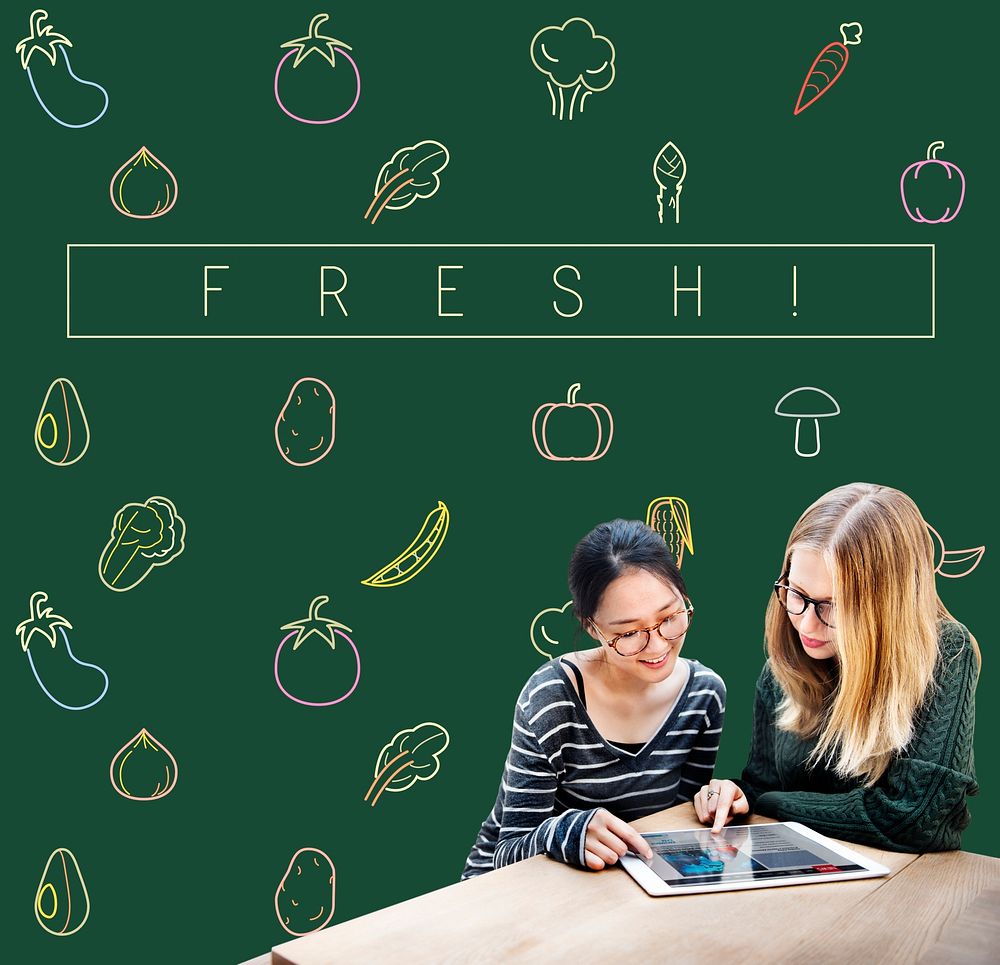 Friends talking with the graphic of vegetable fresh food