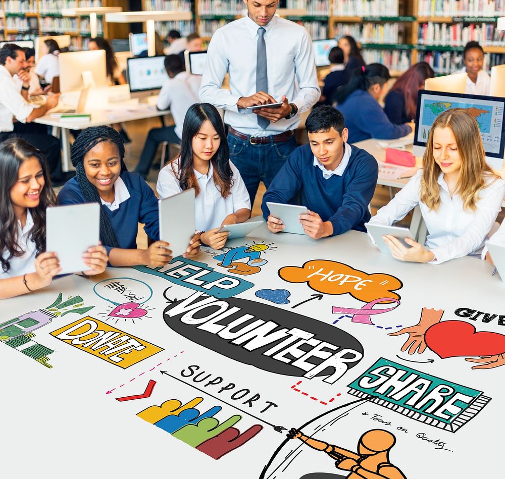 Students Teacher Library Volunteering Concept