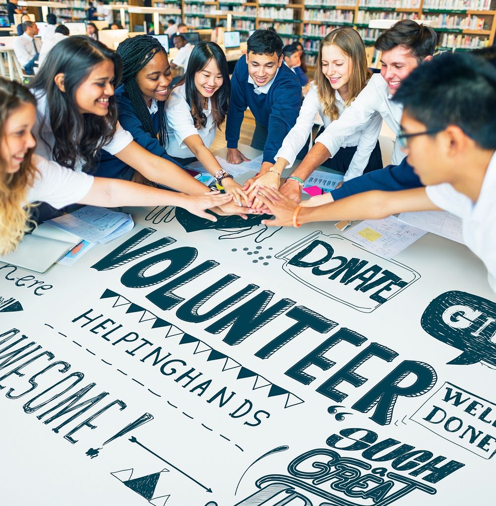 Optimistic Students Together Volunteering Concept